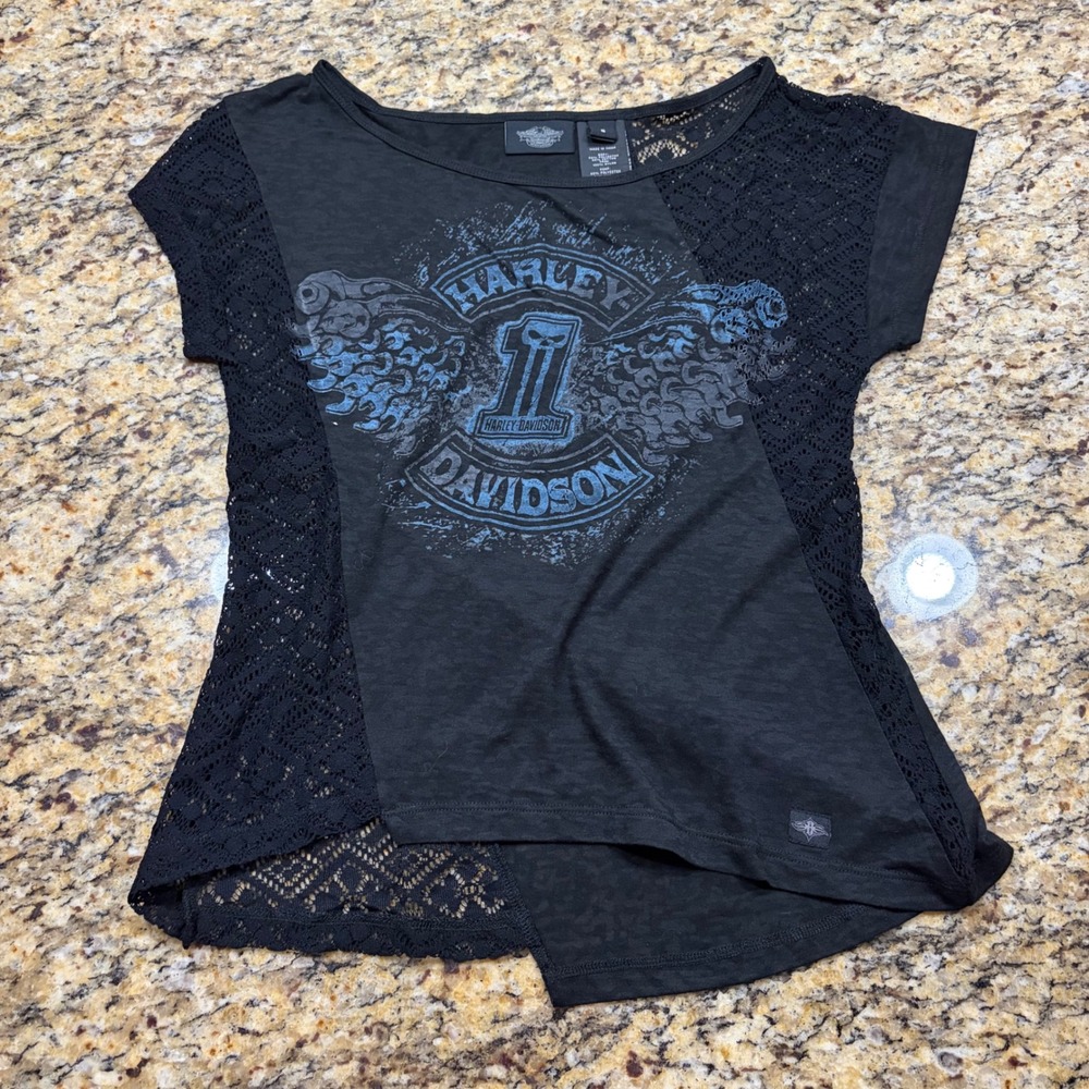 Harley-Davidson Womens Small Black Lace Panel Graphic Top Asymmetrical Hem ws